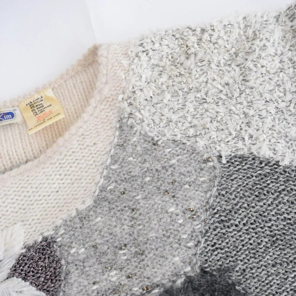 Vintage Marieal Kim Grey/White Floral Knit 8% Wool 8% Mohair Crewneck Sweater S - Picture 11 of 11